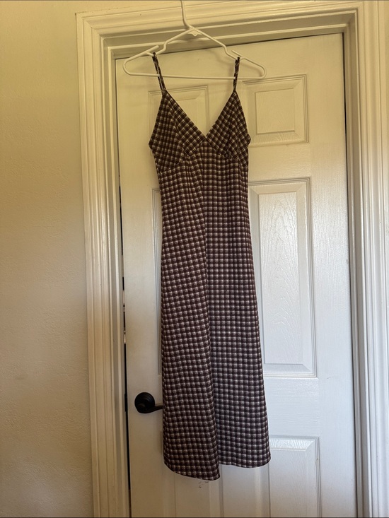 Lisa Says Gah Dresses & Skirts - Lisa Says Gah Brown Checkered Spaghetti Strap Midi Dress